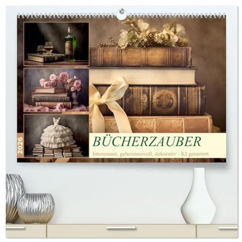 Bücherzauber (hochwertiger Premium Wandkalender 2026 DIN A2 quer), Kunstdruck in Hochglanz: Dekorativ in Szene gesetzte Bücher - KI generiert (CALVENDO Kunst)