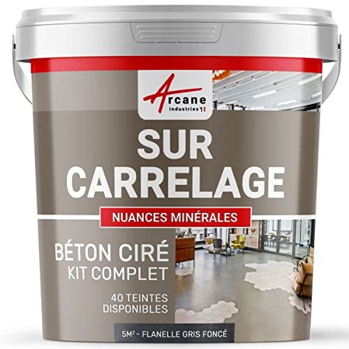 Béton Ciré sur Carrelage, Sol Mur 5 m² (en 2 couches) Flanelle Gris Foncé | Cuisine, Salle de Bain, Plan de Travail, Accroche Renforcée, Anti-Taches, Résistant, Kit Complet - Arcane Industries