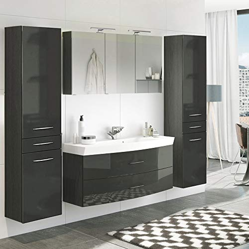 Lomadox Badezimmer Waschplatz Set in Hochglanz grau ● 120cm Waschtisch mit Unterschrank inkl. Waschbecken ● 3D Spiegelschrank mit 2 LED-Leuchten & Steckdose ● 2 Hochschränke mit 2 Türen & Schubkasten