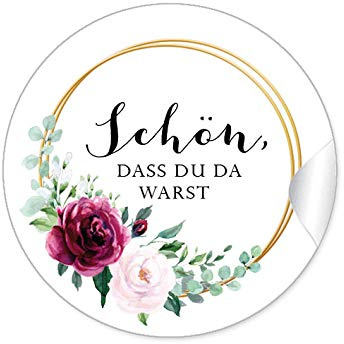 48 STICKER: Schön, dass du da warst Etiketten als Gastgeschenk mit roter Rose und zwei Ringe in Goldgelb (kein Echtgold) als Danksagung für Gläser oder Geschenktüten zur Hochzeit Geburtstag Taufe
