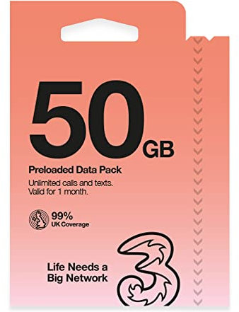 Three Mobile 50GB data pay as you go SIM