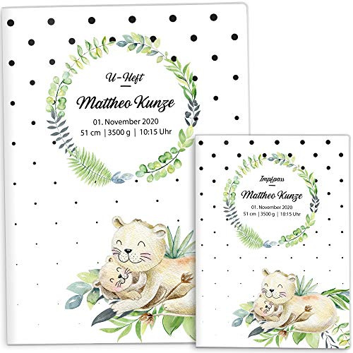 OLGS U-Heft und Impfpasshülle Set | Mommy Love Dots | Hüllen für Untersuchungsheft & Impfpass Deines Kindes | Geschenkidee mit Namen, Geburtsdatum (Uhefthülle, Impfpasshülle personalisiert, Löwe)