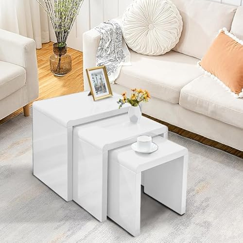 AINPECCA Nest of Tables High Gloss Nesting Tables with Tempered Glass Top Coffee Tables 3 Pieces End Table Set