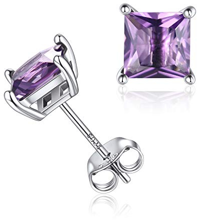 ChicSilver Pendientes Brillantes Mujer Alejandrita Lila Plata de Ley 925 Aretes Pequeños Piedra Cuadrada de Nacimiento Junio Joyería Minimalista de Compromiso