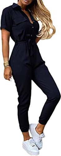 ORANDESIGNE Jumpsuit Damen Einteiler Elegant Kurzarm Playsuit Lang V-Ausschnitt Casual Lose Overalls Lang Romper mit Gürtel Strampler Spielanzug Hosenanzug Sommer