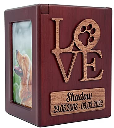 Nombre y fecha personalizados, logotipo de LOVE y avatar de mascota, urna de cremación para mascotas, cenizas de perro y gato grabadas, urna de mascota para perros y gatos, caja de madera de recuerdo.