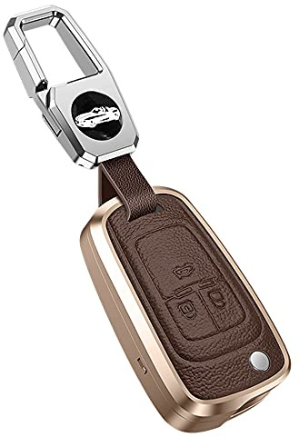 ontto Autoschlüssel Hülle Cover Passt für Opel Astra J Corsa GT Insignia Karl Zafira Mokka Chevrolet Cruze Aveo Fernbedienung Metall Leder Schlüsselhülle Etui Schlüsselanhänger Schlüssel Schutz-Braun