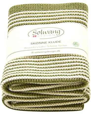 Solwang 2 Stück gestreifte Waschlappen aus 100 % Bio-Baumwolle in Strumpfstich-Strick, hergestellt in Indien, 25,4 cm, quadratisch (2 Stück, Natur/Olive Organic)