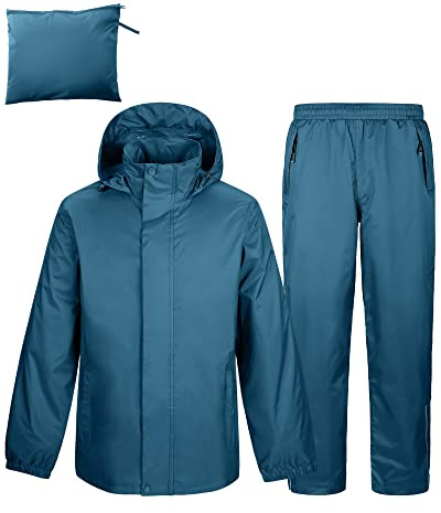 Outdoor Ventures Herren Regenanzug Wasserdichte Packbare Regenset | Reflektierender, Hideway Kapuze, 5 Taschen, Winddichte Regenkombi, Atmungsaktiv, Fischen, Wandern, Radfahren