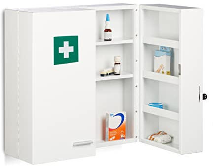 Relaxdays Medizinschrank, abschließbar, 11 Fächer, Stahl, HBT: 53 x 53 x 21,5 cm, Doppeltür, Medikamentenschrank, weiß