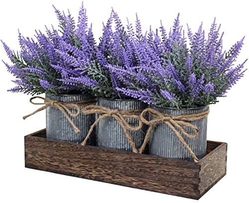 Set of 3 Small Potted Plants Arrangement Artificial Lavender Flower Plants in Rustic Galvanized Metal Pots with Decorative Wood Tray for Farmhouse Table Centerpiece Windowsill Country Indoor Decor