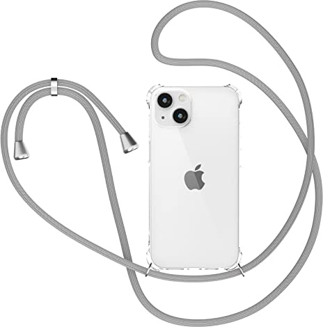 för iPhone 14 skal med band, transparent silikon mobiltelefonskal för iPhone 14 med kedja stötsäkert skyddsfodral – snöre med fodral för upphängning i grått