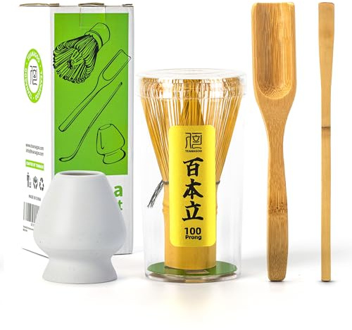 TEANAGOO 4 Pezzi Kit Matcha,frusta per Matcha (Chasen), misurino tradizionale (Chashaku), cucchiaio da tè, supporto per frusta bianco opaco,I3, il set perfetto per