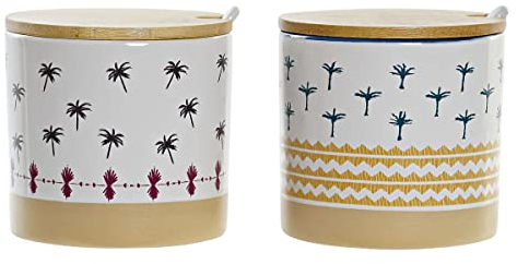 DKD Home Decor Azucarero Color Multicolor, de bambú y gres (2 Unidades) (9,5 x 9,5 x 9,5 centímetros)
