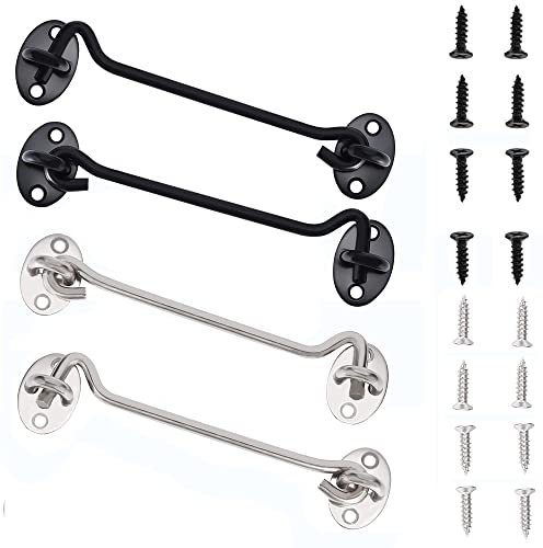 VENGABY 4 Stück Sturmhaken Kabinenhaken mit öSe, Edelstahl TüRhaken Fensterhaken, Sturmhaken für SchwingtüR Holz, FensterläDen Holz,Scheunentor Gartentor Riegel mit Montage (Silver/Schwarz, 6 IN)