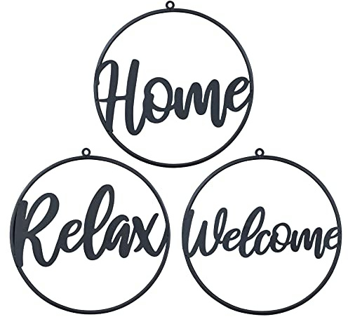 levandeo 3er Set Metallbild Ø38cm Schwarz Welcome Home Relax Wandbild Rund Schild Wanddeko Metallschild