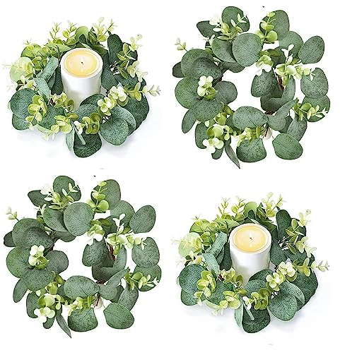 4 anillos de vela artificiales, hojas de eucalipto, coronas de velas para columnas, pequeñas guirnaldas de velas verdes para bodas, centros de mesa, fiestas en el hogar, decoración de mesa (estilo