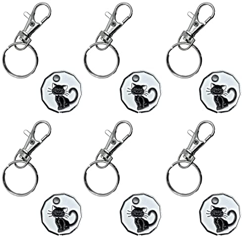 Black Cat 6Pc Shopping Trolley Token Keyring with £1 Coin for Supermarket Cart and Locker