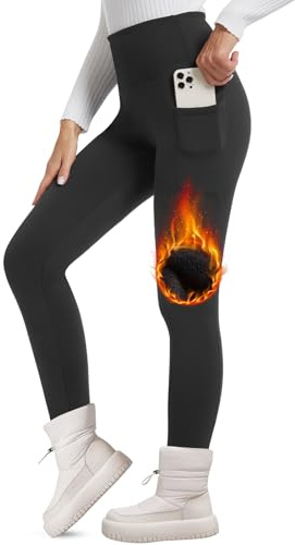 FOTOCITI Thermo Leggings Damen Winter Mit Tasche Thermoleggins Gefütterte Fleece Warme Thermounterwäsche High Waist Lange Sportleggins Yogahose Hose(Schwarz,S-M)