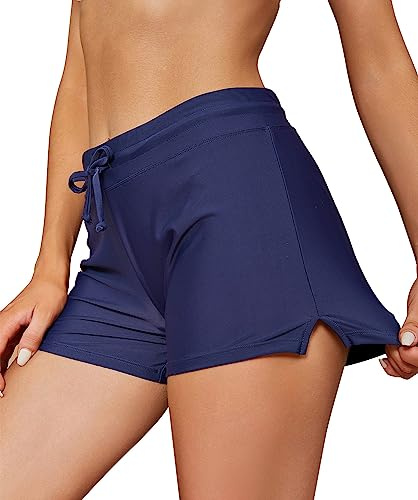 SHEKINI Femme Tankini Bas de Maillot de Bain Shorty Taille Haute Short de Bain Sport Boardshort Shorts de Plage avec Cordon（XL，Bleu）