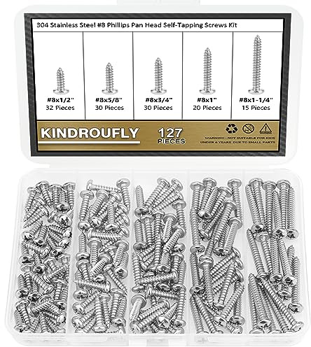Kindroufly 127 Pieces #8 x 1/2 5/8 3/4 1 1-1/4 Phillips Pan Head Self-Tapping Screws, Wood Screws Assortment Kit, 304 Stainless Steel