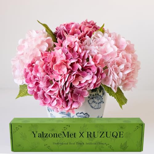 YalzoneMet 4 st Real Touch Hortensia Artificiell Blomma Naturtrogen 51 cm lång stam Latex Hortensia Blomma för Thanksgiving Hem Kök Dekor Bröllop Jul Bord Centerpiece 2 Rosa + 2 Rosa Rosa