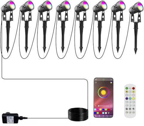 Arotelicht 8pcs Garden Spike Lights, IP65 Waterproof LED RGB+Warm White Color Changing COB Landscape Spotlight Mains Powered, Pathway Lights with Ground Spike, 2100LM for Outdoor Garden, Lawn