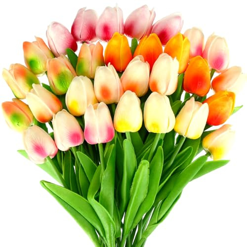 Lyrow 30 Pcs Tulips Artificial Bouquet Flowers Faux Tulips for Home Kitchen Wedding Decorations,Gift Idea for Easter Decor Mother's Day Birthdays(Multi Colors)