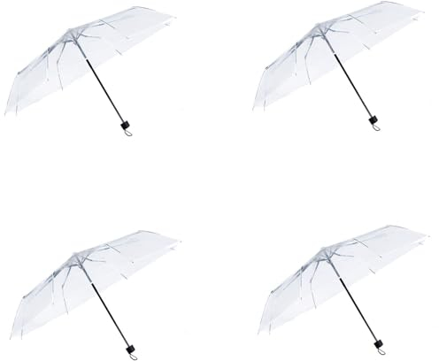 Gadgetking 4 Pack Small Rain Umbrellas Clear Transparent PVC Plastic Wedding See Through Folding Men Bride Bridesmaid Party Fashion Portable Mini Brolly Dome For Events Walking Handbag Travel