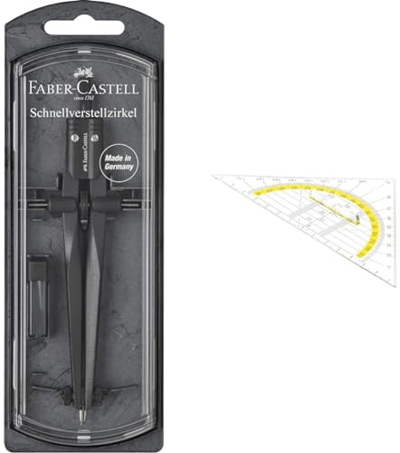 Faber-Castell 174530 - Schnellverstellzirkel Stream, Blackstone, 1 Stück & TSI Geodreieck mit Griff, 16 cm, transparent, Art. 46318