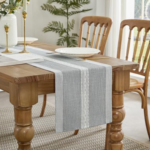 Wracra Tischläufer Grau Baumwolle Leinen,Tischläufer Stickerei Bauernhaus | 230cm, Gestickt Strukturiert Design, Boho Tischläufer Handquasten, Maschinenwaschbar, Esszimmer, Feiertage, Party, Wohnkultur