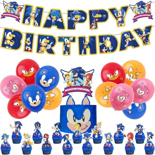 44Pcs Sonic Birthday Decorations - Happy Birthday Banner, Latex Balloons, Cake Toppers, Spiral Hangers for Kids' Sonic Theme Party