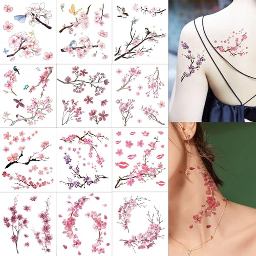 12 Blätter Temporäre Kirschblüten Klebetattoos Sakura Tattoos Blumen Tattoos