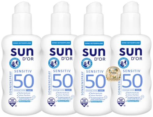 Sun D'OR Sonnenpray Sensitiv Sonnencreme Sonnenschutzmittel Sun UV Dry Protect Sport Sonnencreme LSF50 200 Mililiter x 4 STÜCK Mit Pufai Überraschungsgeschenk
