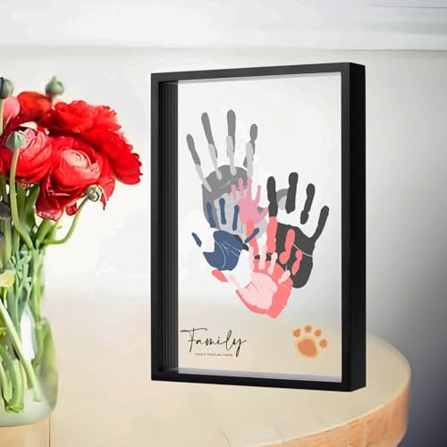 PUDEKO Familj handavtryckssats, gör-det-själv färgglad hantverk minnessak familjekonst baby nyfödd hand och fotavtryck träram för heminredning familj gåvor set (5 ark med 8 färger) (svart)