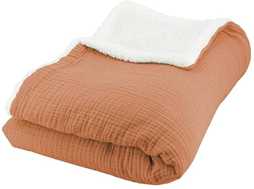 COSTA DECO Manta polar y gasa de algodón 130x170, manta cálida y suave para cama o sofá. (Terracota Caramel)