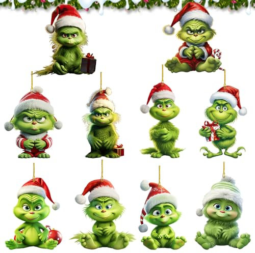 KBIBCK Weihnachtsschmuck, 10PCS Grin-ch Deko Weihnachtenanhänger, Elf Weihnachtsdekorationen, Weihnachtsbaumschmuck 2D Acryl Anhänger, Grin-ch Hängende Ornament für Weihnachtsbaum Dekorationen, Urlaub