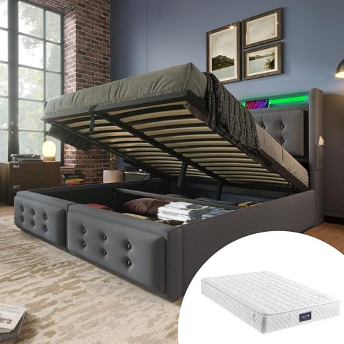 Polsterbett 160x200 cm, Doppelbett mit Stauraum und Lattenrost, LED Kopfteil mit USB C Ladefunktion,Stauraumbett Funktionsbetten Rückenlehne Bettgestell, Baumwolle (Grau, 160x200cm, Mit Matratze)