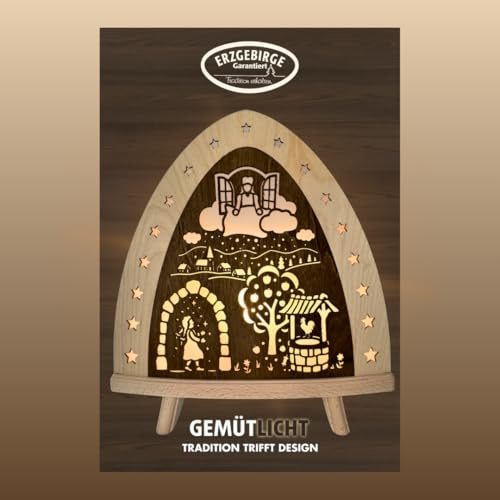 weigla - Dekoleuchte original Erzgebirge I Motiv Frau Holle I 1 LED Lampe I 0,8 W, E14 I Märchenhafte Leuchte für Innen I Weihnachtsbeleuchtung aus Holz I Fensterdeko