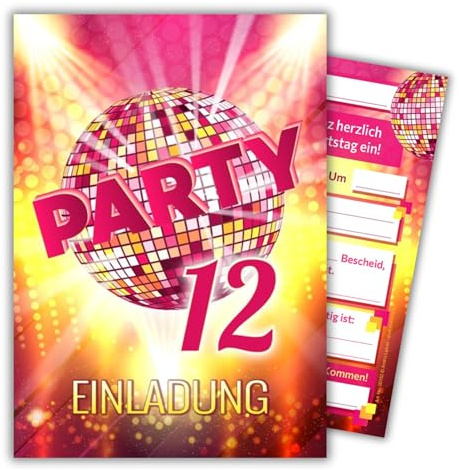 JuNa-Experten 12 Einladungskarten zum 12. Kindergeburtstag Mädchen Disco VIP coole Einladungen zwölfte Geburtstag Mädchengeburtstag