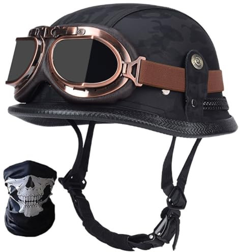 STTTBD Casco da Motociclista retrò in Pelle Tedesca, per Adulti, da Uomo e da Donna, omologato DOT/ECE, con Maschera e Occhiali, per Casco Jet da Crociera, Scooter, ciclomotore, Chopper T,M=57-58cm
