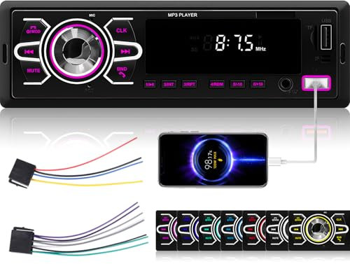 Autoradio 1 Din con Bluetooth5.1 - Stereo Auto con EQ, Radio FM, Controllo App, Controllo Vocale, Chiamate a Mani Libere, Ingresso USB/AUX/TF, Memoria di Spegnimento, 7 Colori di Luce + Telecomando