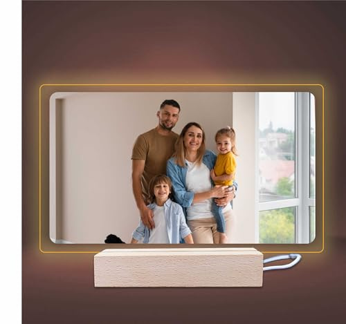 INDIGOS UG - LED Lampe personalisiert - Nachttischlampe - quer - personalisierte Lampe - mit Foto & Wunschtext - personalisierte Geschenke - Acrylglas 14x12 cm - optionale Lampe warmweiss