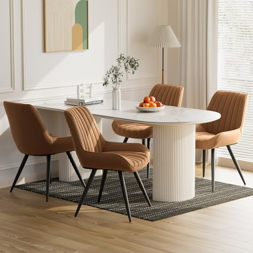 Moderner gepolsterter Esszimmerstuhl - Extra dickes Sitzkissen, Künstlicher Stoff Esszimmerstühle Küchenstuhl Polsterstuhl Wohnzimmerstuhl Sessel mit Rückenlehne, Metallbeine (Braun, 4er Set)