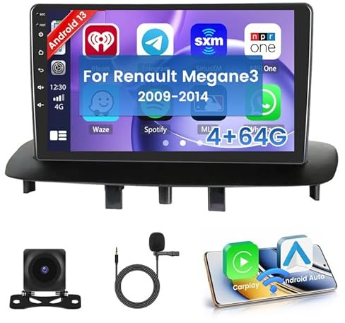 Hikity [4+64GB] Android 15 Radio Coche para Renault Megane 3 2009-2014 Radio CarPlay Android Auto Inalámbrico Pantalla Táctil 9 GPS/WiFi/Mirror Link/Bluetooth/DSP+AHD Cámara Trasera