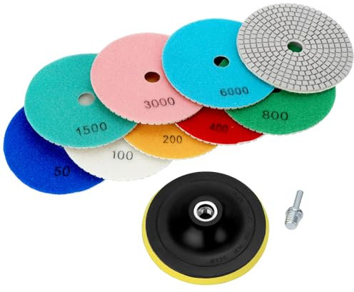QWORK® 9 piezas almohadilla de pulido de diamante húmedo 125 mm con soporte de goma M14 - grano 50-10000 - para baldosas, piedra, concreto, mármol, granito