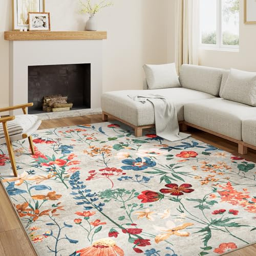 HUGEAR Teppich Wohnzimmer 160x230cm Beige Waschbarer Carpet Rug | Blumen Blumenmuster Teppiche,Waschbar Rutschfest,Weich Kurzflorig,Boho Neutral Modern,für Schlafzimmer,Esszimmer,Büro