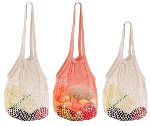 XUIIOSOOKP 3 Pcs String Bag, Grocery Mesh Bags Portable Cotton Net Bag, Reusable Mesh Produce Bags, Washable Foldable Shopping BagsTote Handbags for Fruit Vegetable Storage or Travel Outgoing Beach