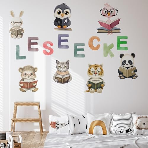 GRAZDesign Wandtattoo Leseecke mit Tieren für Kinderzimmer, Kindergarten oder Grundschule, als Set - beliebig platzierbar