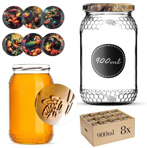 KADAX 8er Set Einmachgläser 900ml TO82 Exotische Vögel, Große Sturzgläser mit Schraubdeckel, Einkochgläser Fermentierglas für Gurken, Gemüse, Sauerteig